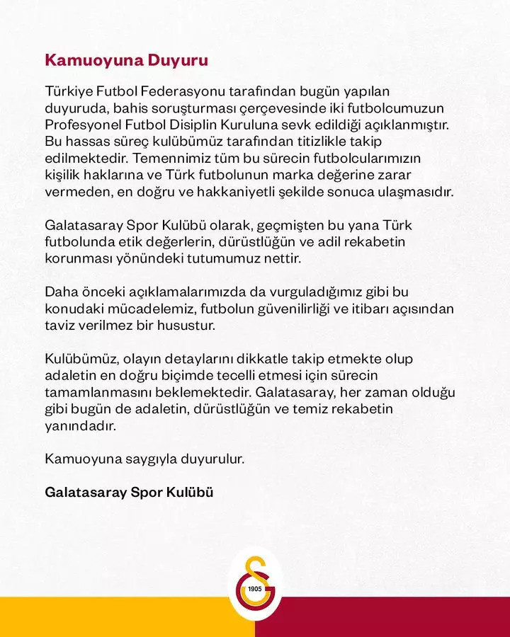 Galatasaray'dan bahis soruşturması hakkında ilk açıklama! Kişilik hakları vurgusu!
