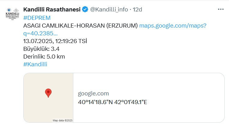 Erzurum'un Horasan ilçesinde 3,4 büyüklüğünde deprem!