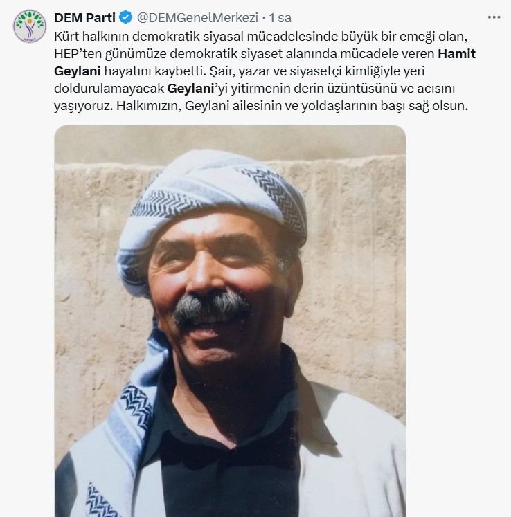 23. dönem Hakkari milletvekili Hamit Geylani tedavi gördüğü hastanede hayatını kaybetti