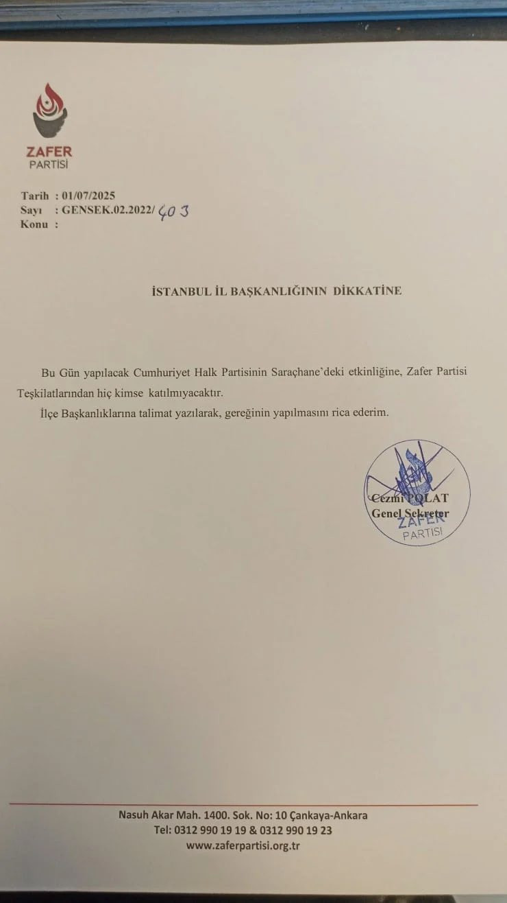 Zafer Partisi'nden teşkilatlarına kesin talimat: Saraçhane'ye gidilmeyecek - Resim : 2