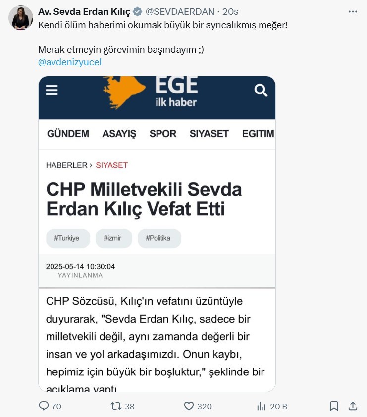 Yerel haber sitesi CHP milletvekili Sevda Erdan Kılıç'ı öldürdü! "Kendi ölüm haberimi okumak büyük bir ayrıcalıkmış"
