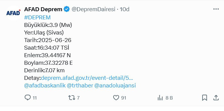 Sivas'ta Ulaş ilçesinde korkutan deprem! Yerin 7.4 kilometre altında meydana geldi