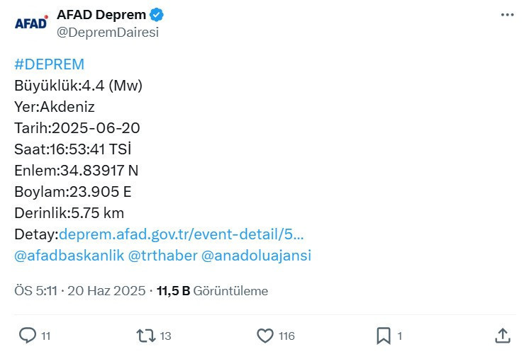 Akdeniz'de şiddetli deprem! Girit açıklarındaki sarsıntının büyüklüğü 4.4 olarak açıklandı