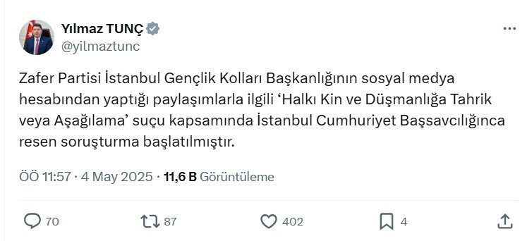 Zafer Partisi'nin 'sarı torba'lı Sırrı Süreyya Önder paylaşımına soruşturma! Bakan Tunç açıkladı...
