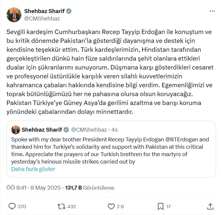 Şahbaz Şerif'ten Cumhurbaşkanı Erdoğan'a Türkçe teşekkür: Pakistan Türkiye’ye minnettardır