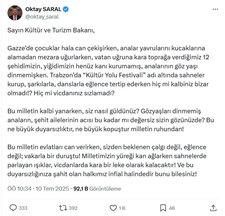 Oktay Saral'dan Bakan Ersoy'a zehir zemberek Trabzon Kültür Yolu Festivali tepkisi