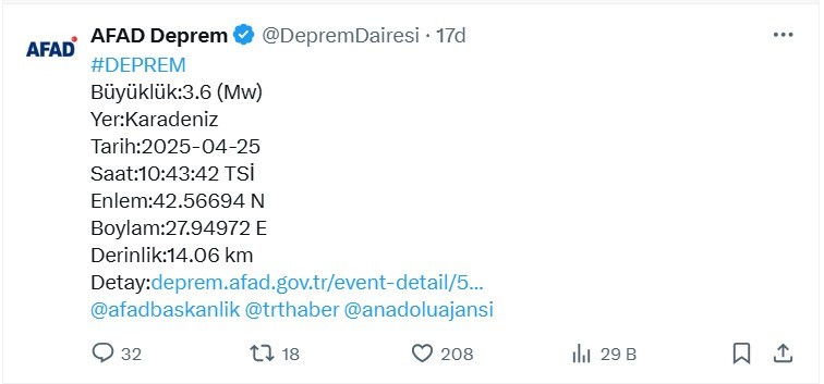 Karadeniz 3.6'yla sallandı! Kütahya'dan sonra bir deprem daha
