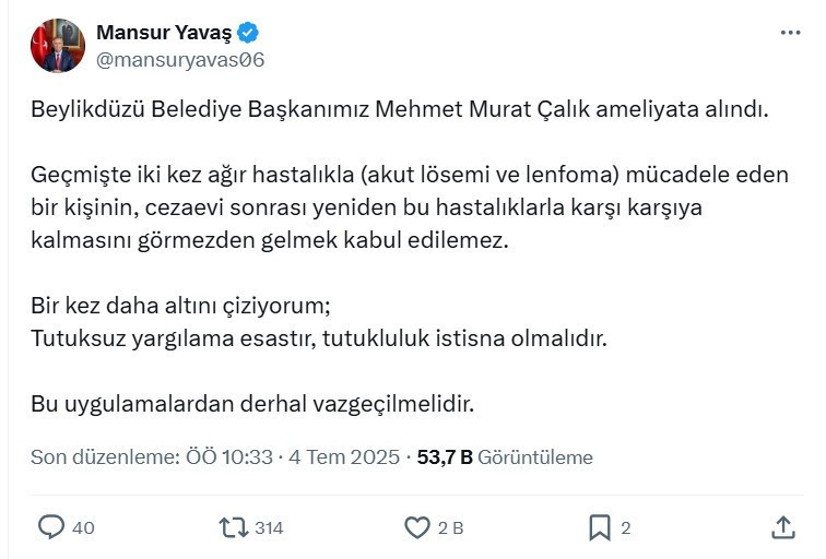 Beylikdüzü Belediye Başkanı Murat Çalık ameliyata alındı