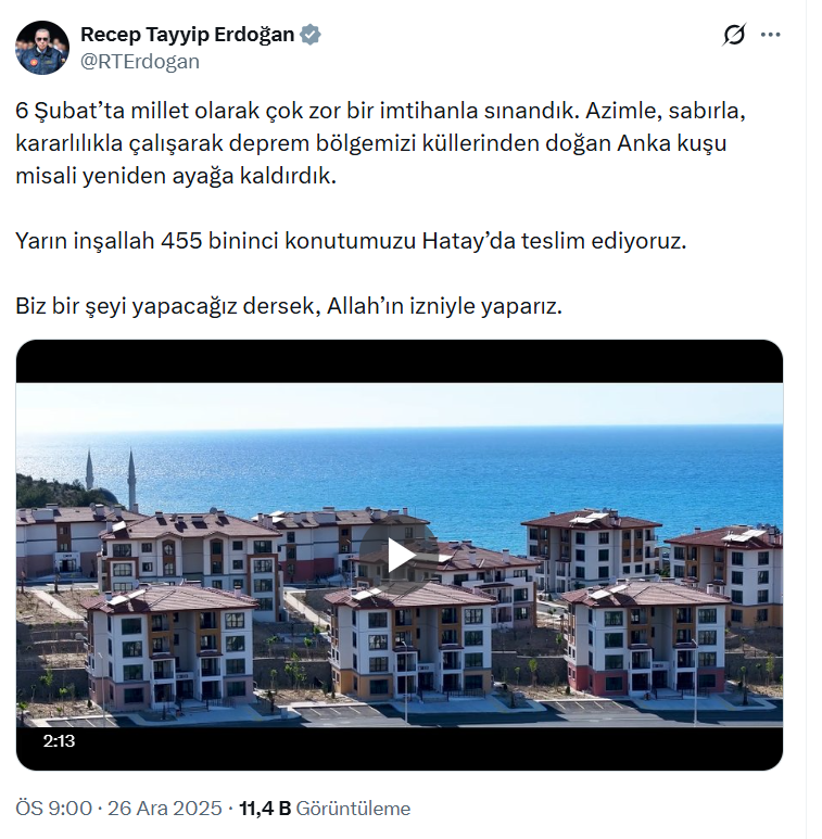 Cumhurbaşkanı Erdoğan'dan deprem konutları paylaşımı: Biz bir şeyi yapacağız dersek, Allah'ın izniyle yaparız