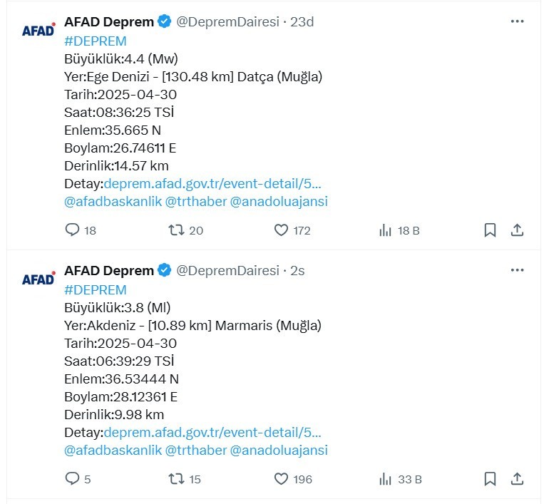 Muğla fena sallandı! Peş peşe hissedilen depremler; ilk 3.8, ikincisi 4.4 büyüklüğünde