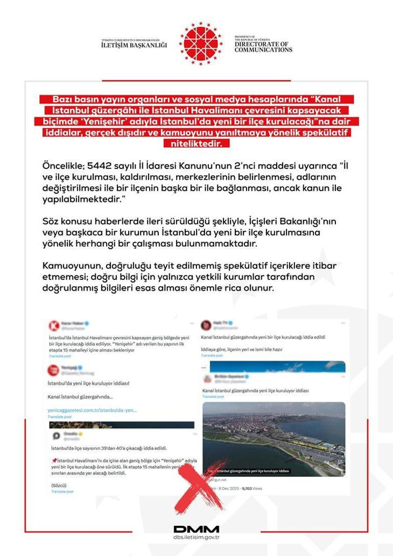 “Yenişehir Kuruluyor” yalanı! İletişim Başkanlığı: “İstanbul’da yeni ilçe çalışması yok”