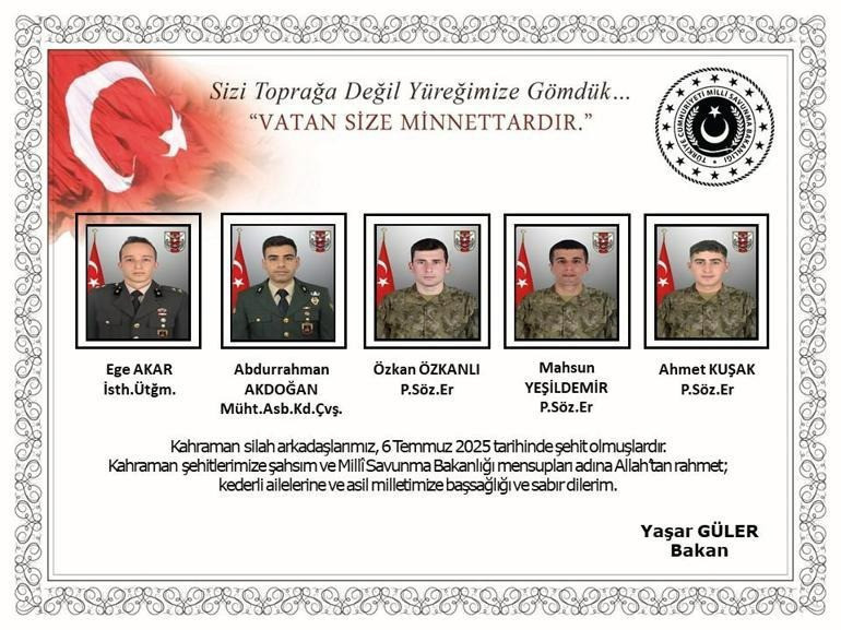 Bakan Güler'den taziye mesajı... Şehit olan 5 kahramanımızın isimleri belli oldu!