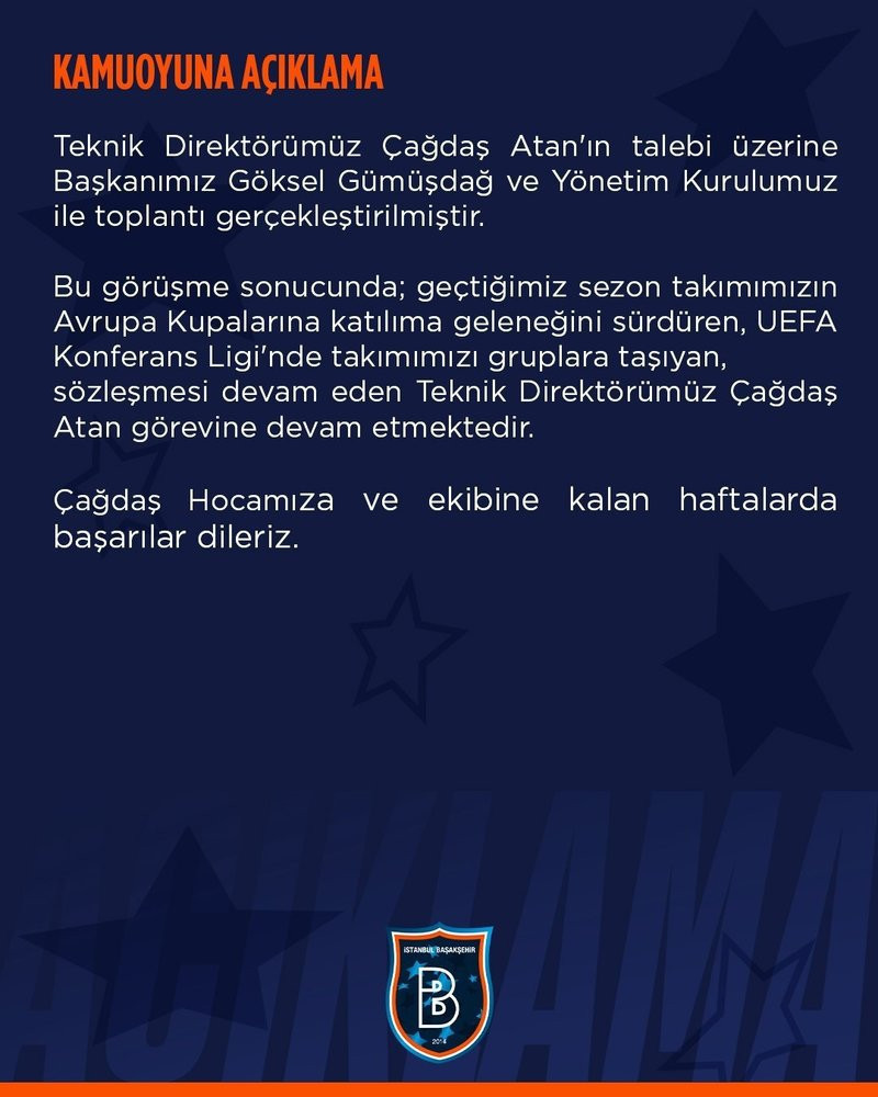 Başakşehir, Çağdaş Atan kararını resmen duyurdu