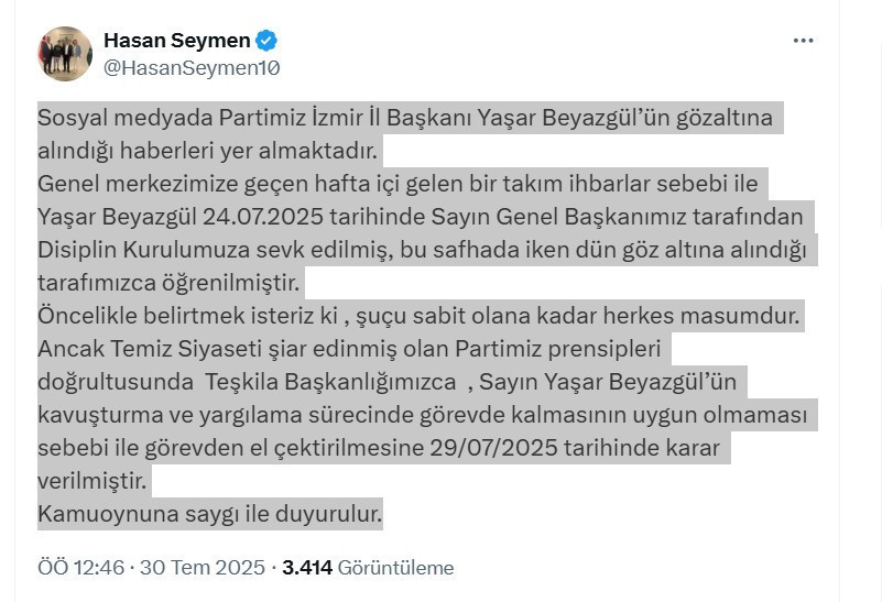 Gelecek Partisi İzmir İl Başkanı Yaşar Beyazgül tacizden gözaltında! Derhal görevden alındı...