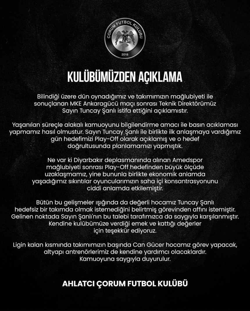 Teknik direktör Tuncay Şanlı "hedefsiz takım" dediği Çorum FK'dan istifa etti