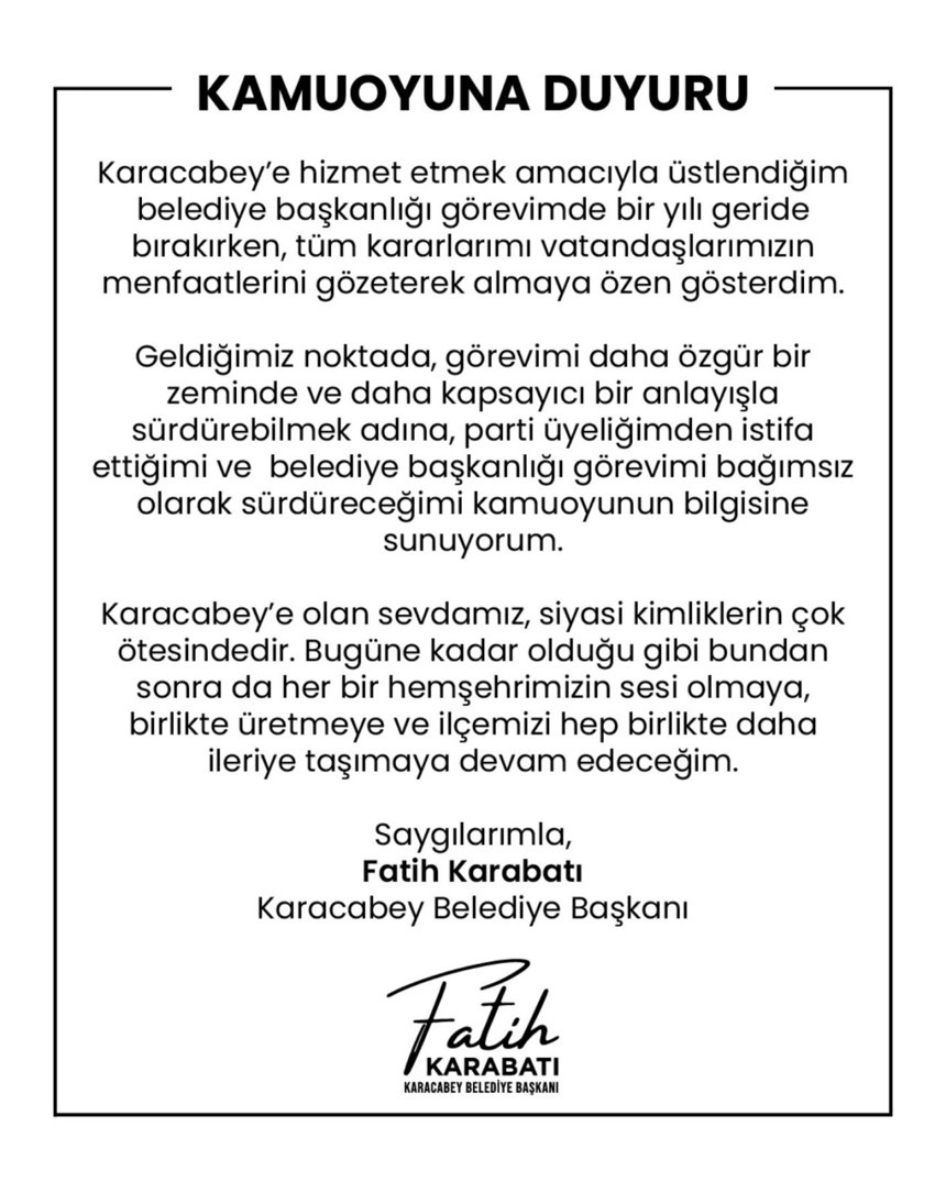 Bursa Karacabey Belediye Başkanı Fatih Karabatı İYİ Parti'den istifa etti - Resim : 2