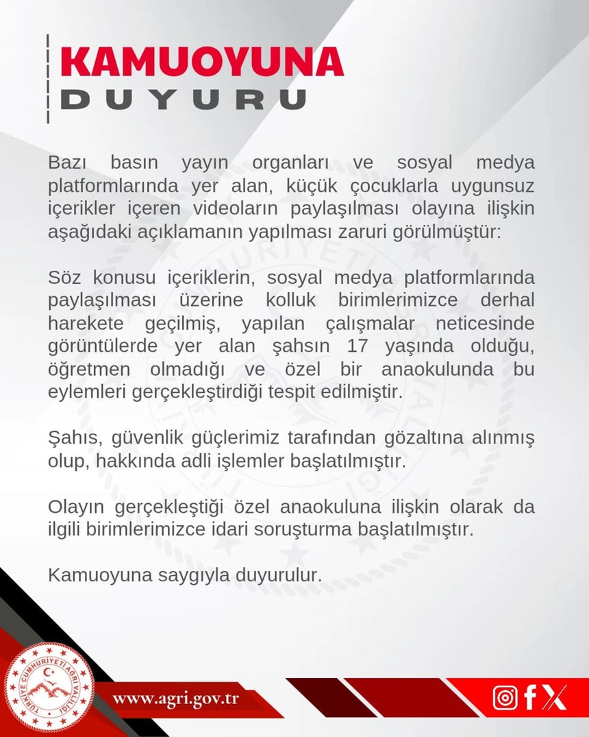 Ağrı'da anaokulunda çocuklarla uygunsuz görüntülerini paylaşan 17 yaşındaki "öğretmen"e gözaltı