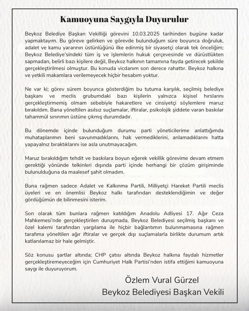 CHP'de Hakaret,cinsiyetçilik! Beykoz Belediye Başkan Vekili Gürzel: Yapayalnız bırakıldım tahammülüm taştı!