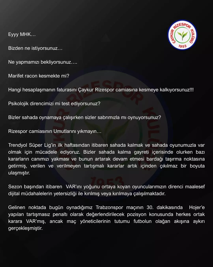 Çaykur Rizespor kulübü gece yarısı ateş püskürdü: Marifet racon kesmekte mi?