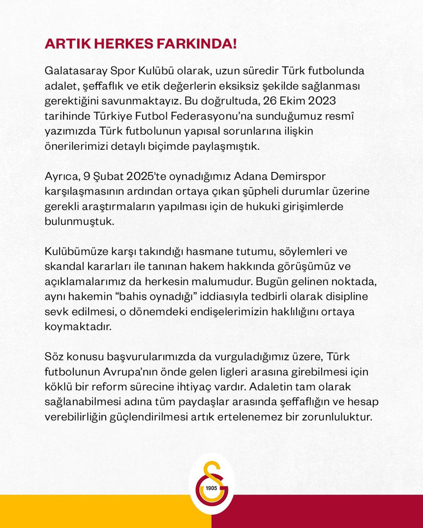 Galatasaray'dan bahis soruşturmasına ilişkin dikkat çeken açıklama: Artık herkes farkında!