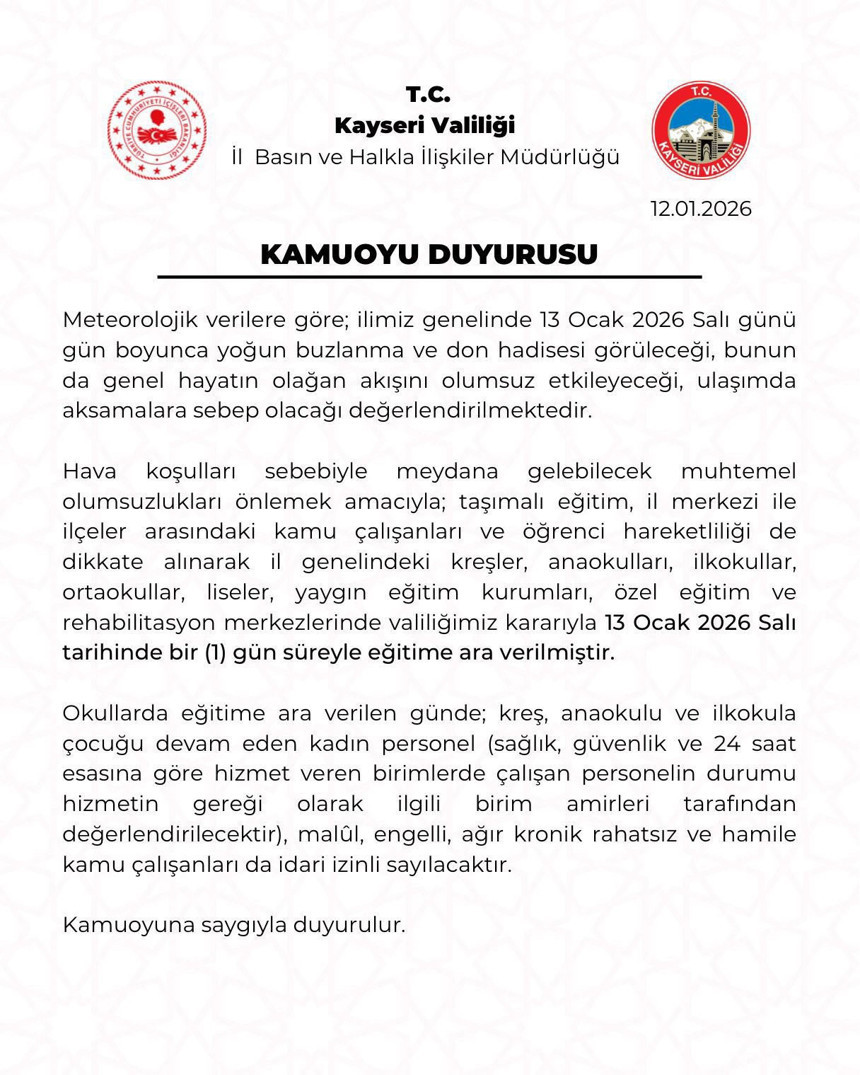Kayseri 13 Ocak 2026 okullar tatil mi?