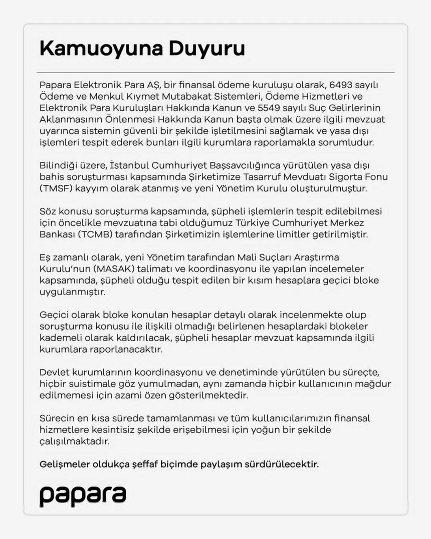 Papara’dan yasa dışı bahis soruşturması açıklaması! Hesap bloke kaldırma süreci başladı