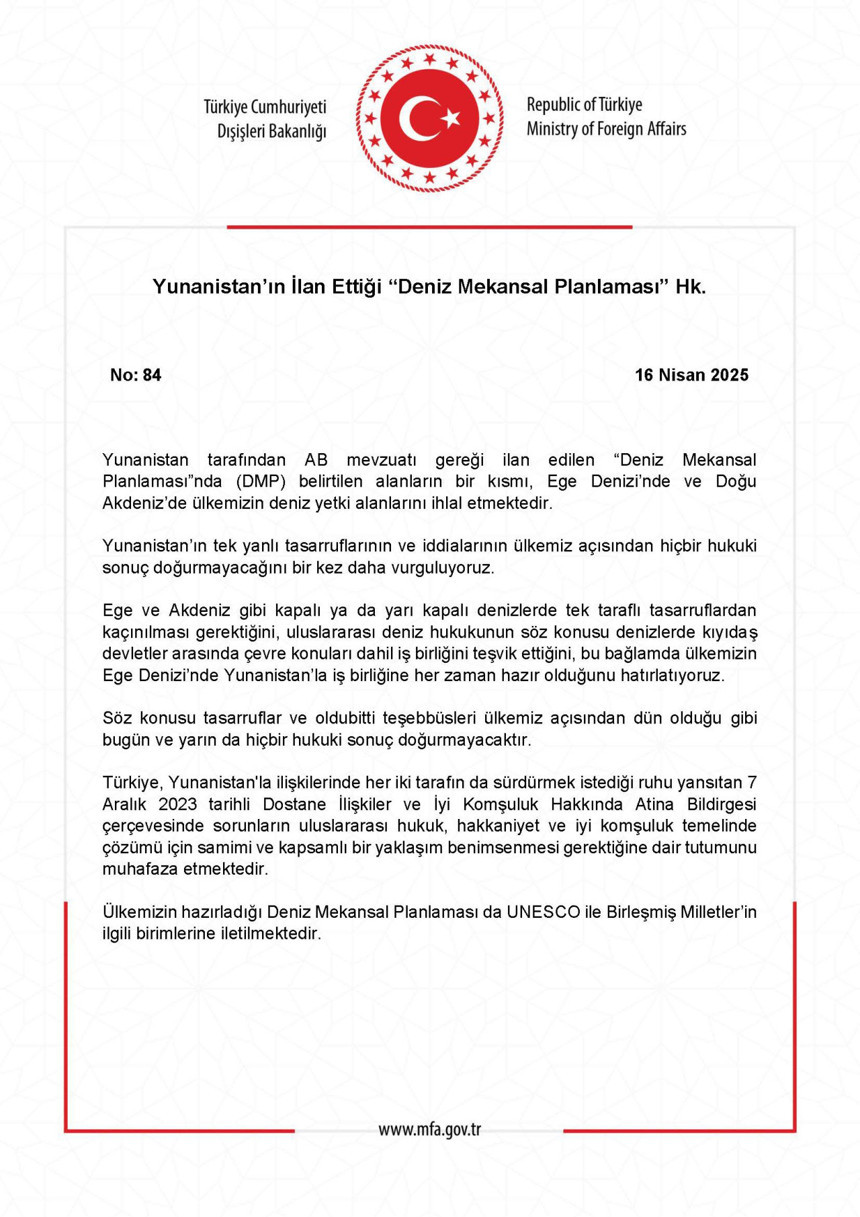 Dışişlerinden Yunanistan'a Deniz Mekansal Planlaması tepkisi! Ege ve Akdeniz'de yetki alanlarımız ihlal edildi