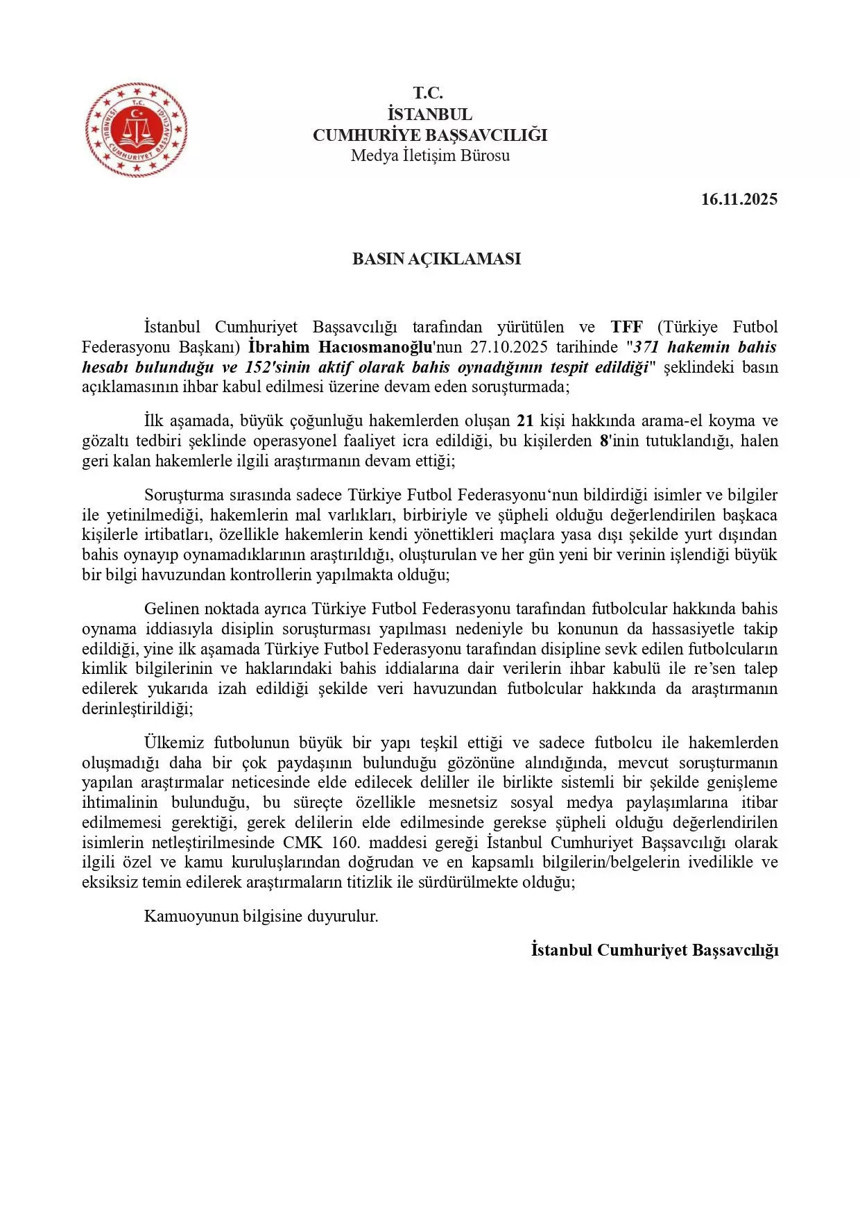 İstanbul Cumhuriyet Başsavcılığı'ndan 'Bahis Soruşturması' hakkında flaş açıklama!