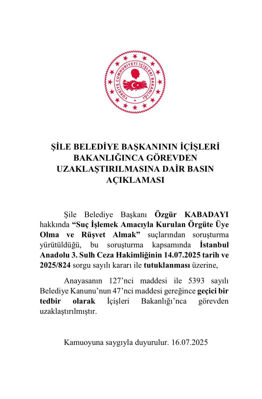 CHP'li Şile Belediye Başkanı Özgür Kabadayı görevden uzaklaştırıldı