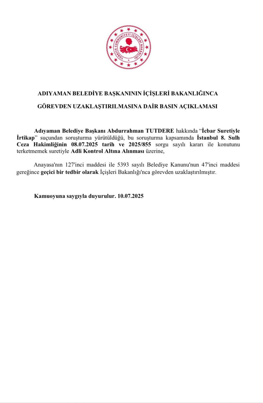 Ev hapsi verilen Adıyaman Belediye Başkanı Abdurrahman Tutdere görevinden uzaklaştırıldı