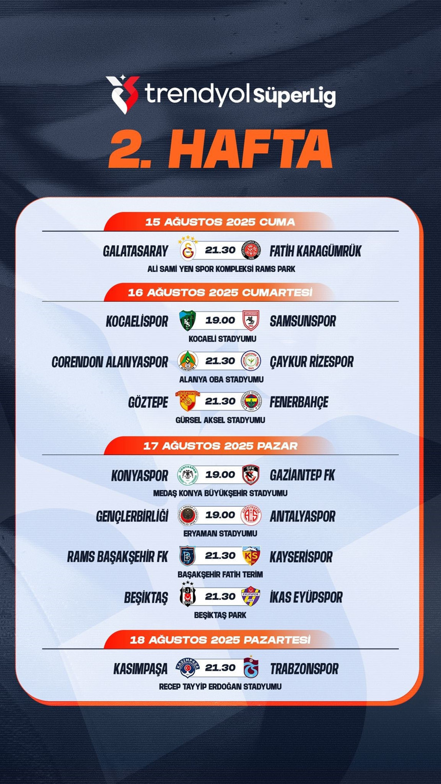 Trendyol Süper Lig'de ilk 2 haftanın programı açıklandı, 2025-26 sezonu Gaziantep FK - Galatasaray maçıyla başlıyor - Resim : 2