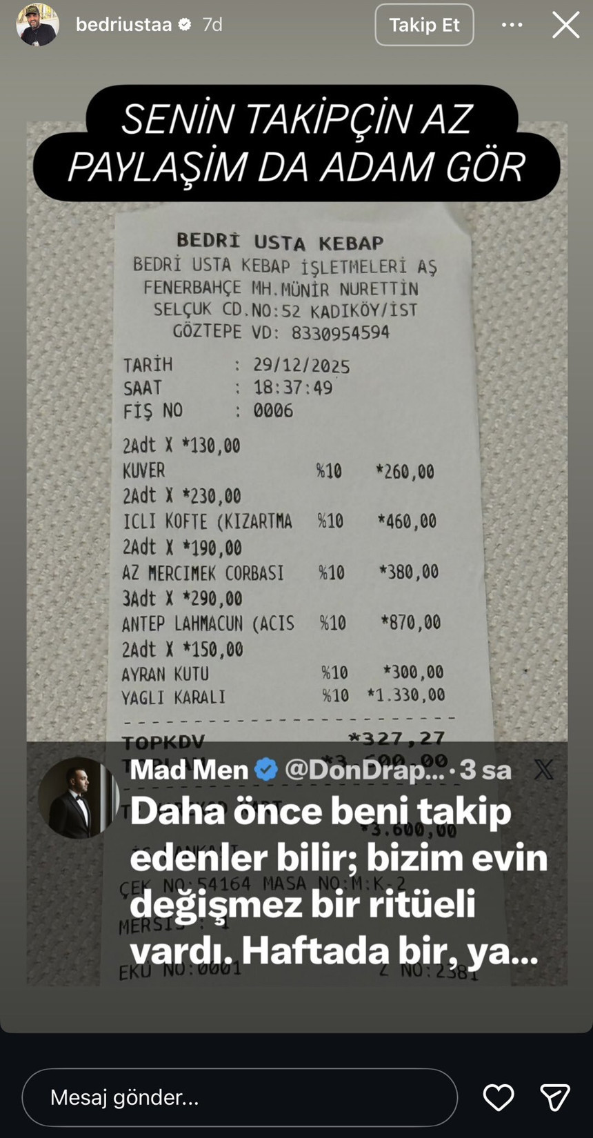 Fiyat eleştiren müşterisine ‘adam' gör' dedi, sosyal medyadan tiye aldı! Bedri Usta'ya devlet müdahalesi: İnceleme başlatıldı - Resim : 2