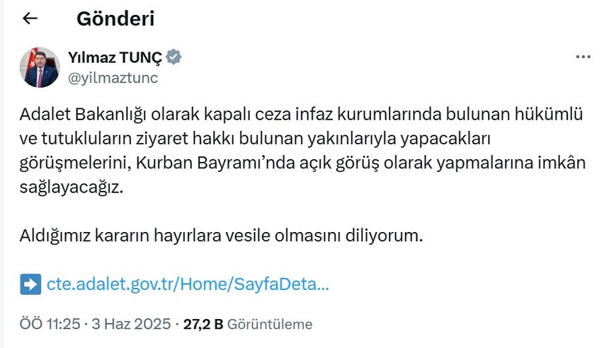 Kurban Bayramı'nda cezaevlerindeki tutuklulara açık görüş müjdesi