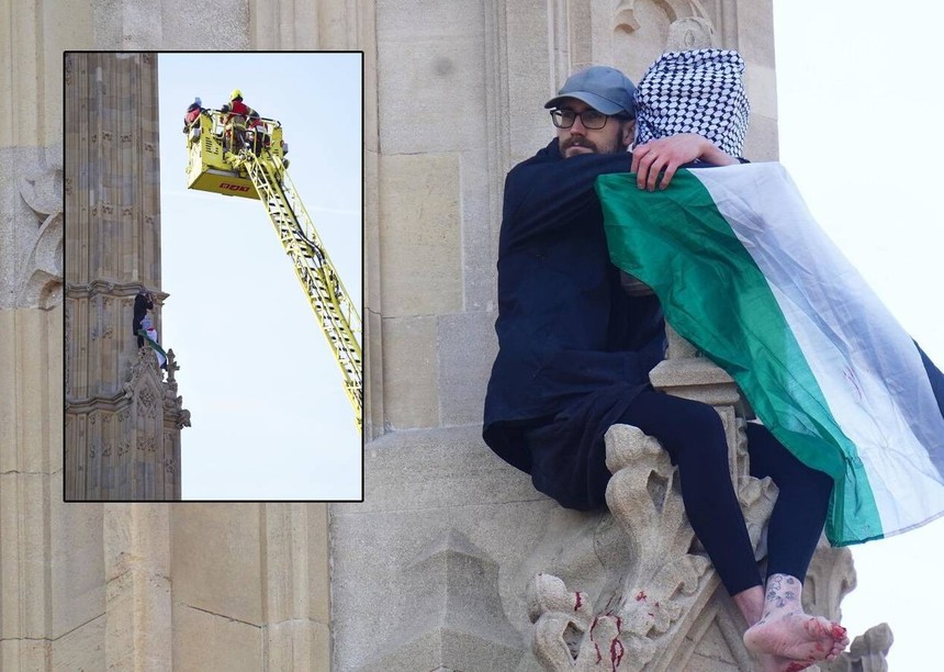 Londra'da hareketli saatler; Big Ben'e çıplak ayak tırmanan bir protestocu Filistin bayrağı açtı
