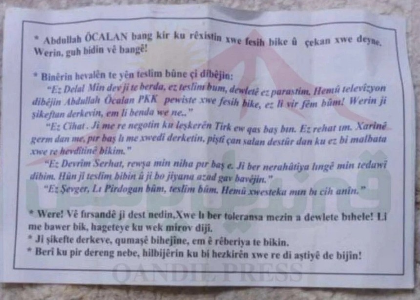 TSK, Irak'ın kuzeyindeki PKK'ya havadan tarihi bir bildiri dağıttı!