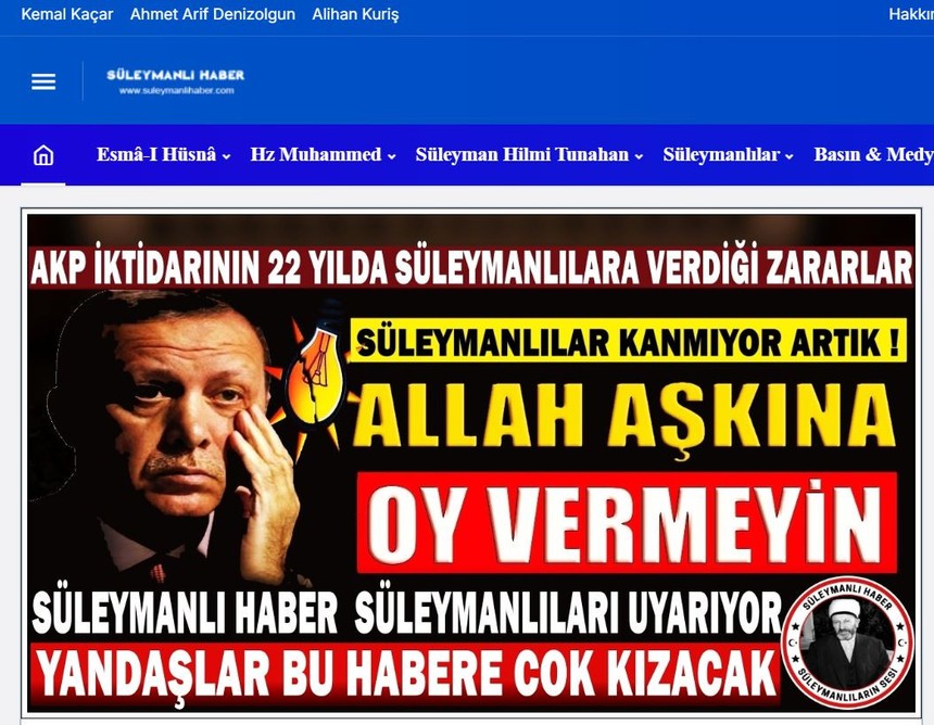 Süleymancıların kurduğu sitede yayınlan Ak Partiye oy vermeyeceklerine dair haber