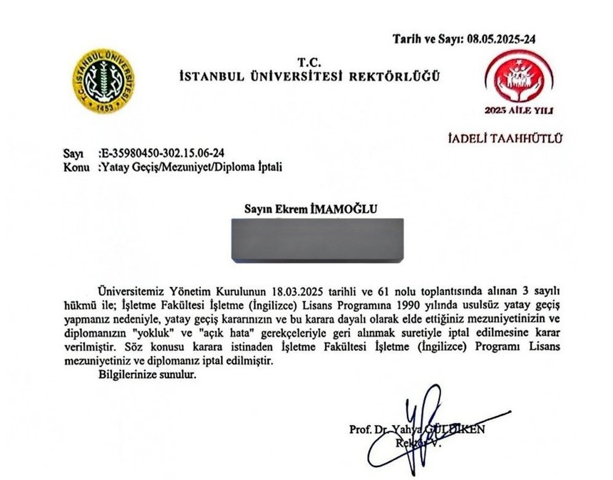 Ekrem İmamoğlu'nun diploması iptal! Usulsüz yatay geçişte 'yokluk' ve 'açık hata' gerekçesi tebliğ edildi