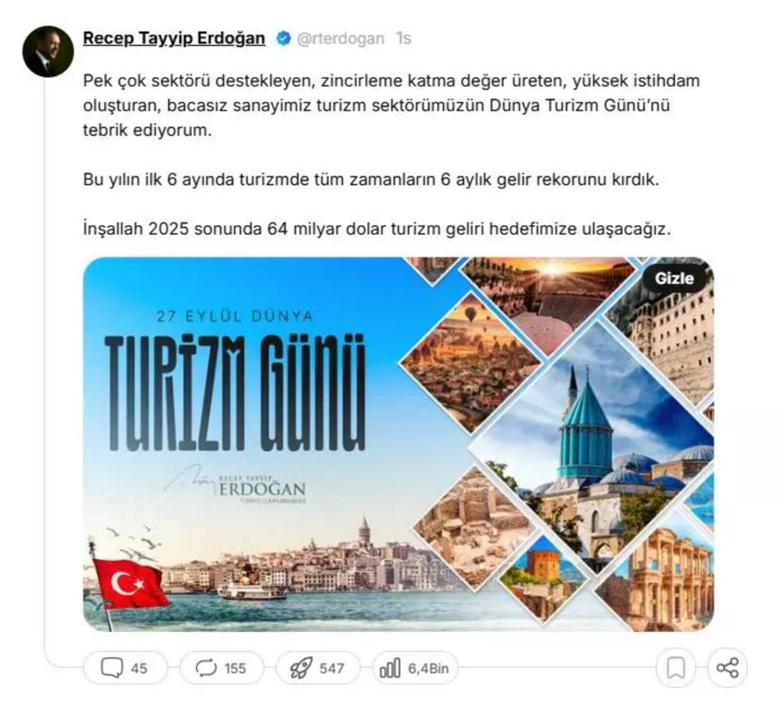 Cumhurbaşkanı Erdoğan duyurdu! Turizmde tüm zamanların 6 aylık gelir rekorunu kırıldı