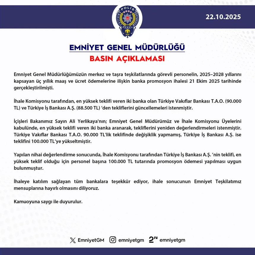 Emniyet Genel Müdürlüğü, promosyon ihalesini İş Bankası kazandı