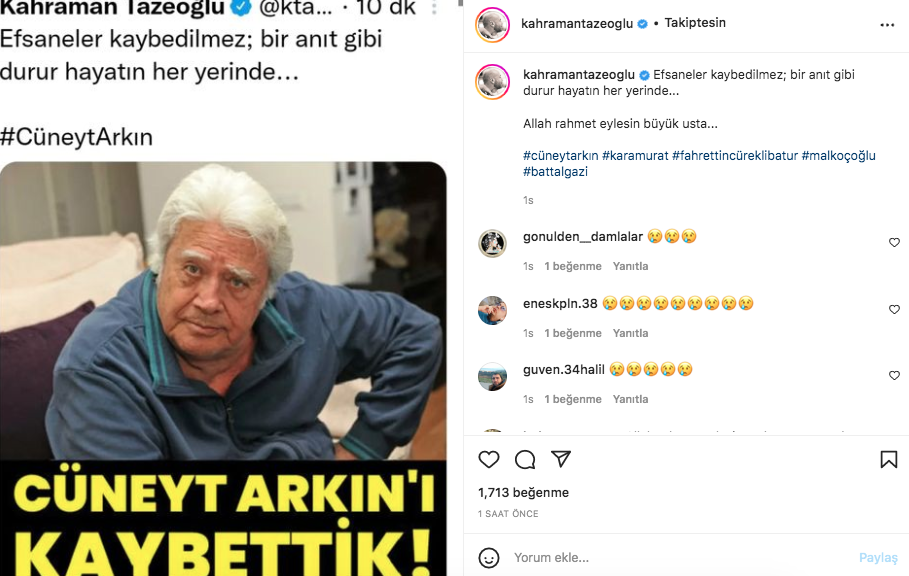 Yeşilçam'ın usta ismi hayata veda etti! Sanat camiasının ünlü isimlerinden Cüneyt Arkın paylaşımları - Sayfa 62