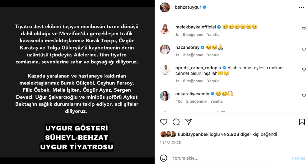 Tolga Güleryüz, Burak Topçu ve Özgür Karataş'ın hayatını kaybettiği Amasya'daki korkunç kazanın ardından ünlü isimlerden taziye mesajları - Sayfa 20