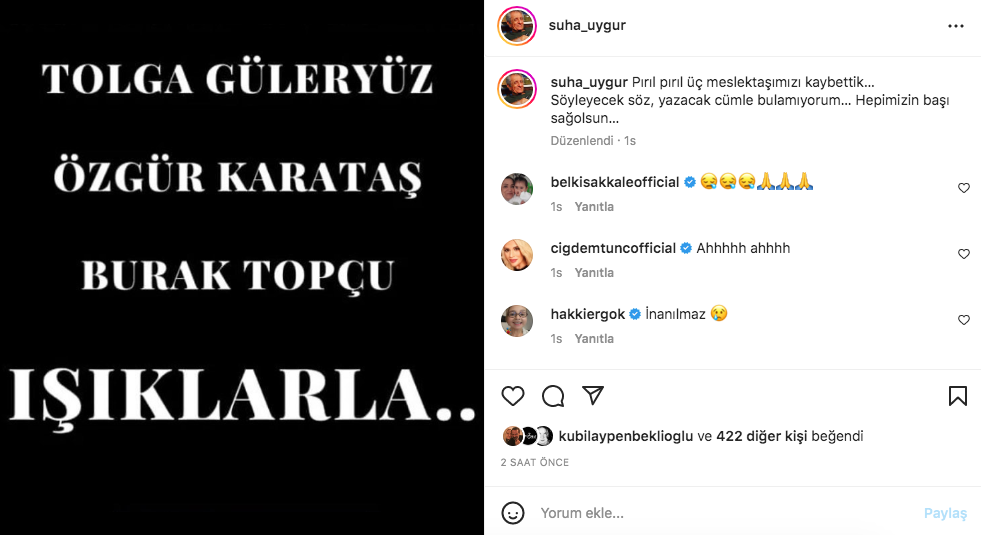 Tolga Güleryüz, Burak Topçu ve Özgür Karataş'ın hayatını kaybettiği Amasya'daki korkunç kazanın ardından ünlü isimlerden taziye mesajları - Sayfa 22