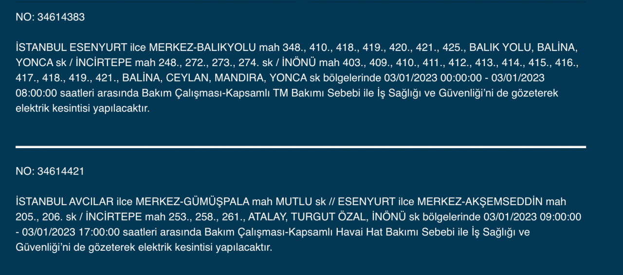 İstanbul’un çok sayıda ilçesinde elektrikler kesilecek (3 OCAK) - Sayfa 12