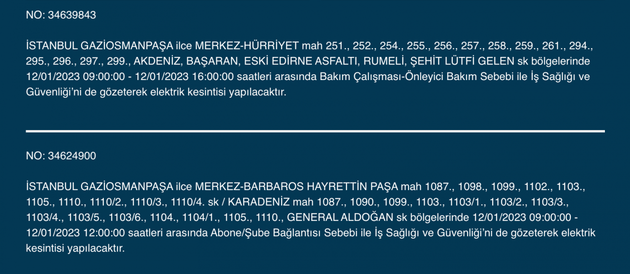 İstanbul’da 32 ilçede elektrikler kesilecek (12 Ocak) - Sayfa 19