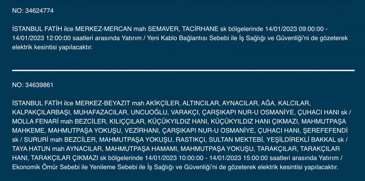 İstanbul’un çok sayıda ilçesine elektrik verilemeyecek (14 Ocak) - Sayfa 13