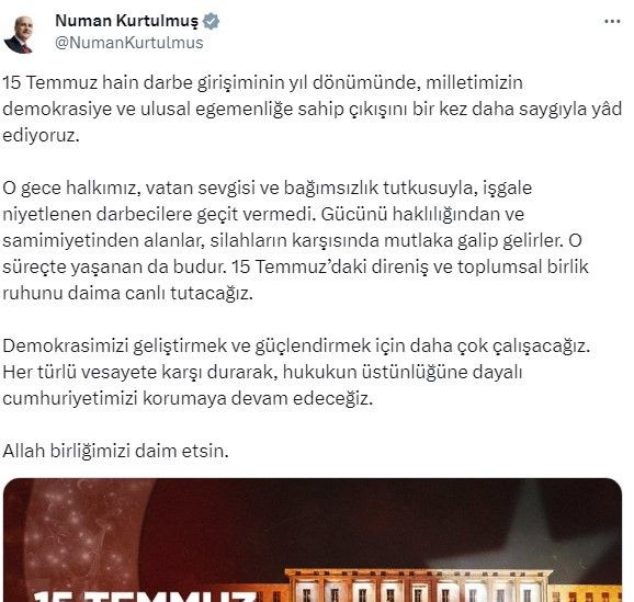Hain darbe girişiminin 8. yıl dönümü! Siyasilerden '15 Temmuz Demokrasi ve Milli Birlik Günü' mesajları - Sayfa 9