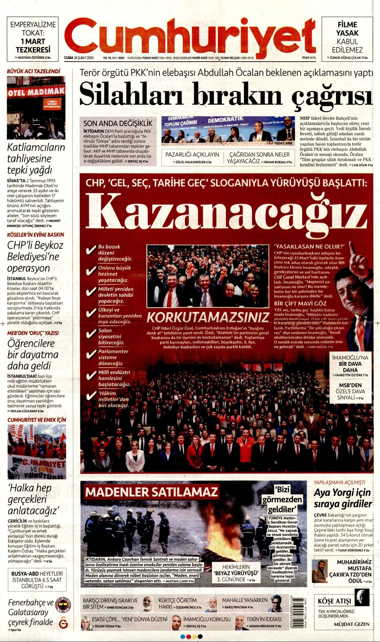Terör örgütü elebaşı Abdullah Öcalan'ın tarihi çağrısı gazete manşetlerinde! Hangi gazete nasıl gördü? İşte bugünkü Hürriyet, Milliyet, Sabah, Takvim, Yenişafak, Cumhuriyet, Sözcü gazete manşetleri... - Sayfa 7