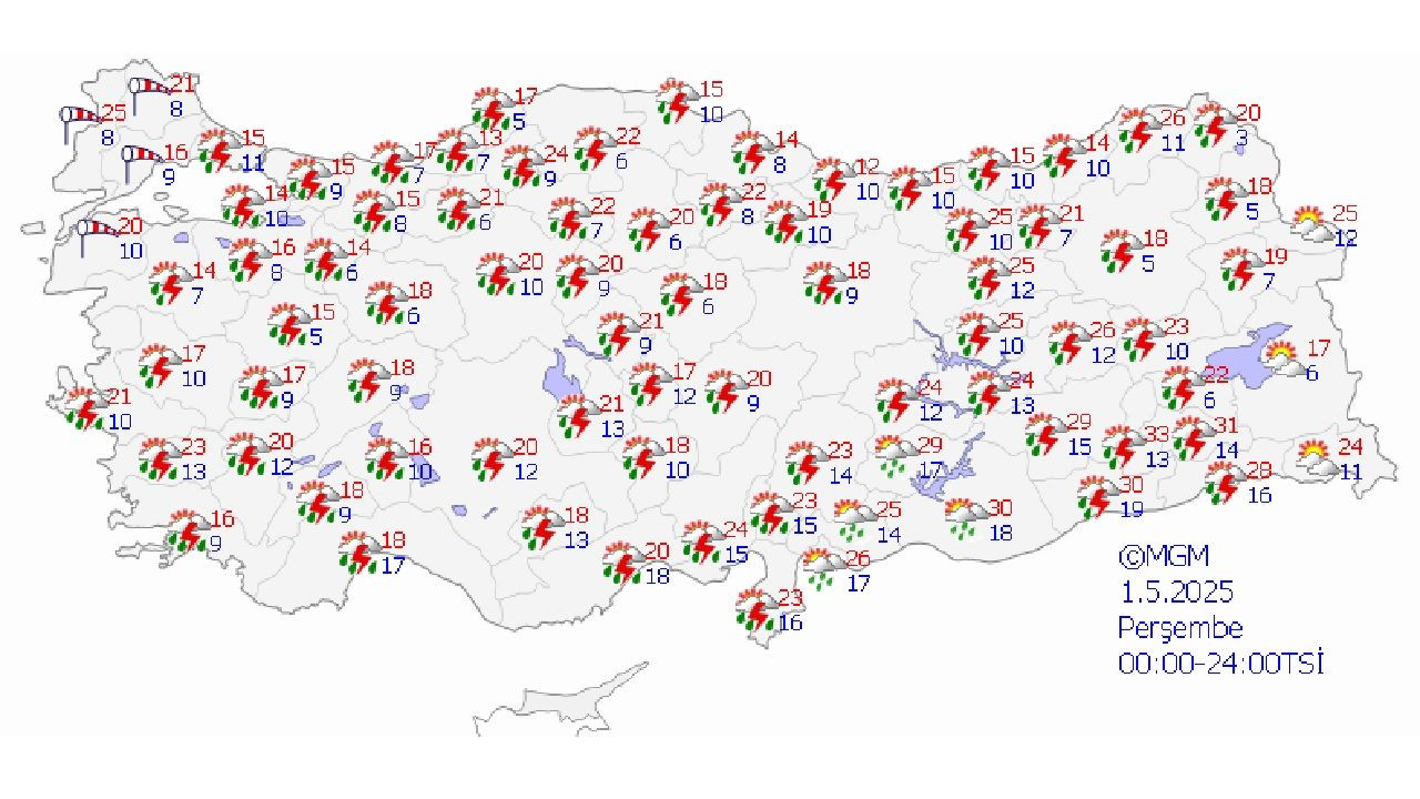 Meteorolojiden uyarı: 1 Mayıs 2025 Çarşamba günü ülke genelinde sağanak ve fırtına bekleniyor! - Sayfa 1