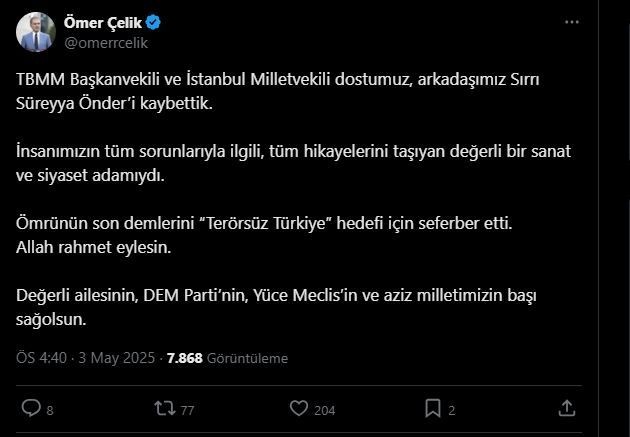 Siyasilerden, Sırrı Süreyya Önder için başsağlığı mesajları... "Türkiye idealine katkı sunma gayretiyle daima hatırlanacaktır" - Sayfa 1