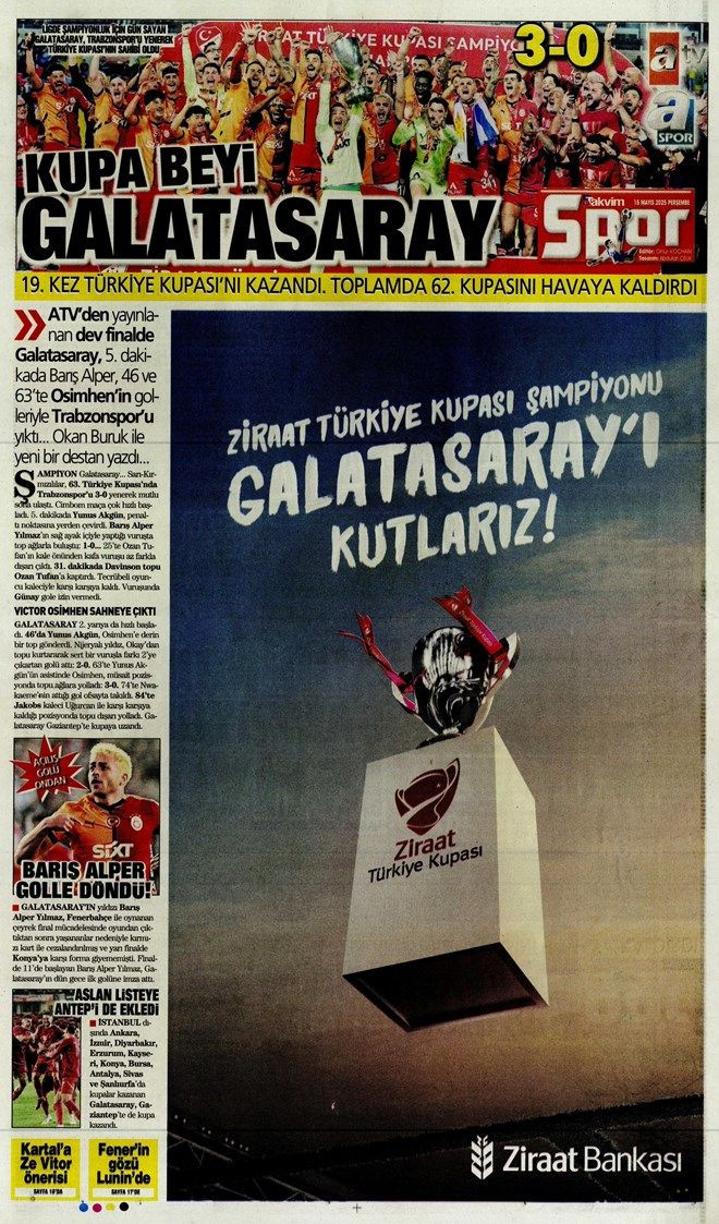 "Şampiyon Los 'Gala'cticos" Galatasaray'ın görkemli Türkiye Kupası zaferi gazete manşetlerinde - Sayfa 13
